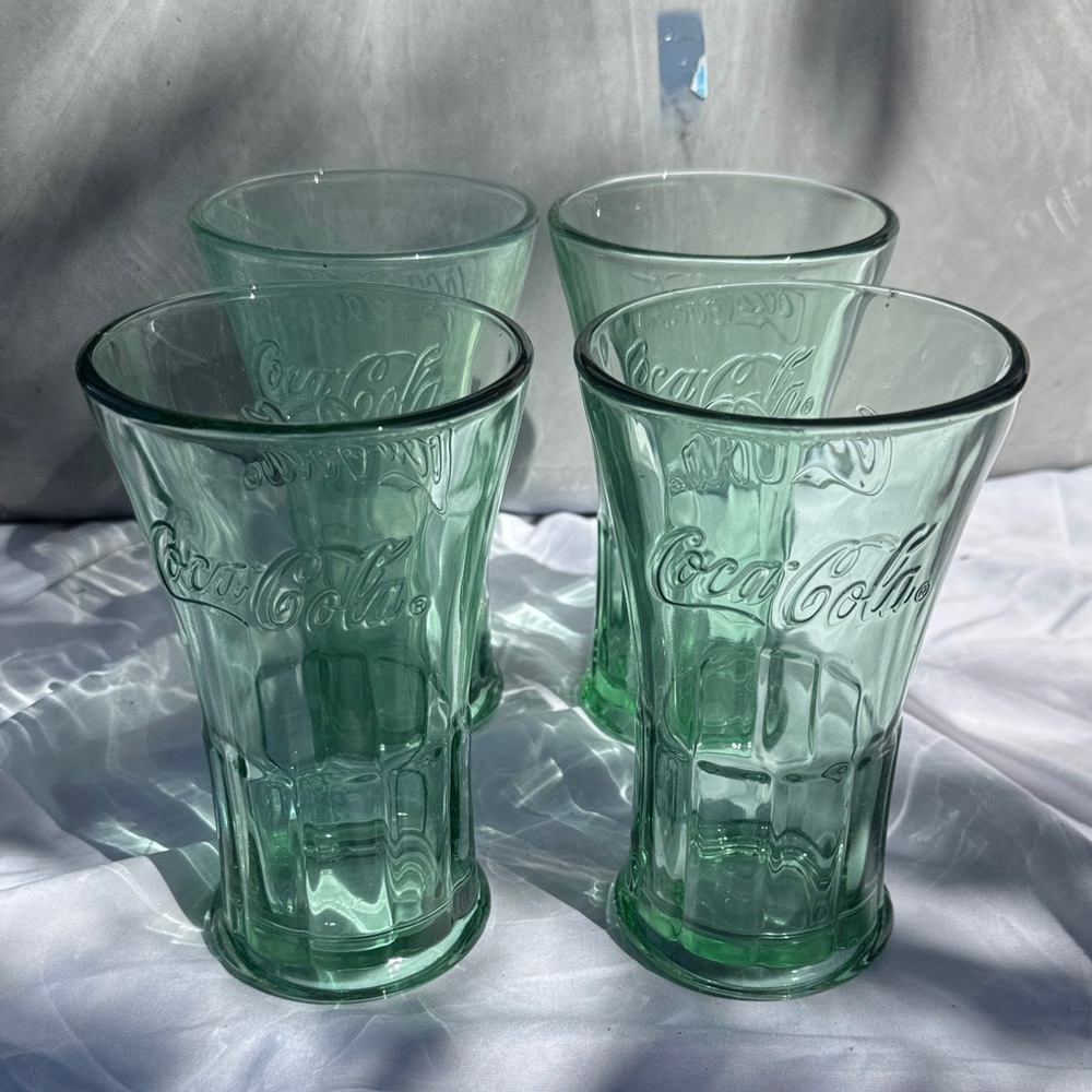 Vintage 2000 Coca Cola Coke Embossed Green Glasses Set of 4, Made in USA, Libbey - Picture 1 of 2